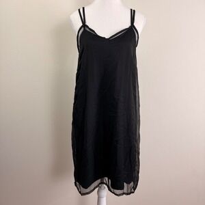 Black Layered Slip Dress Sleeveless V-Neck Adjustable Straps Sheer Overlay US 10